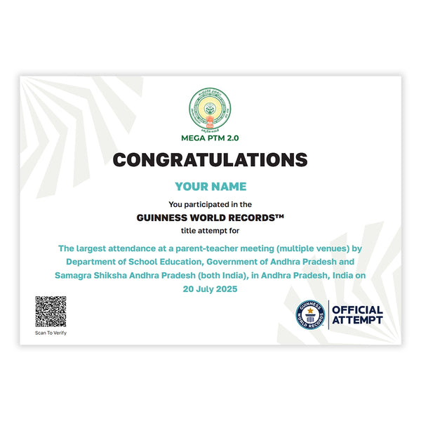 a white digital certificate celebrating the record for the Largest Attendance At A Parent-Teacher Meeting Multiple Venue