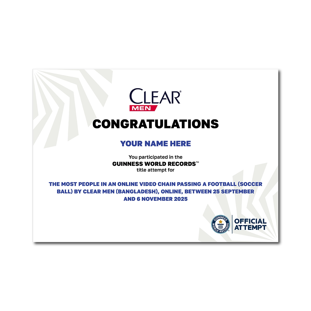White Digital Participation Certficate for the client Clear Men with their record title
