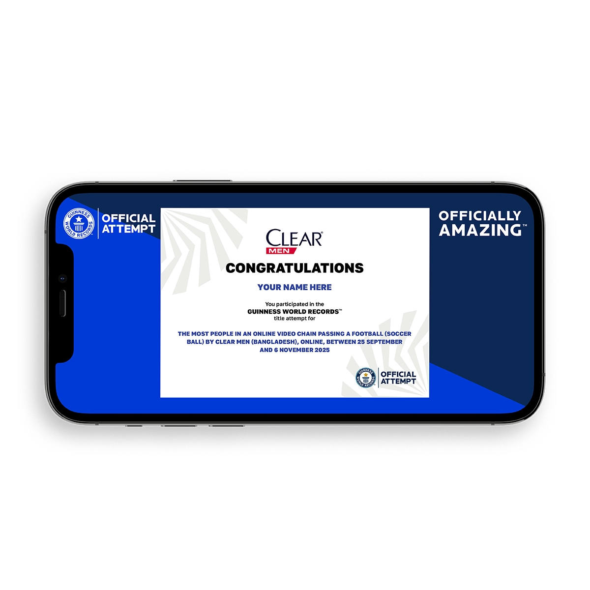 Phone displaying a Digital Participation Certficate for the client Clear Men 