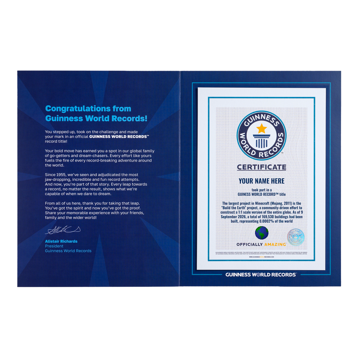 Record Participant Certificate The Largest Project in Minecraft 