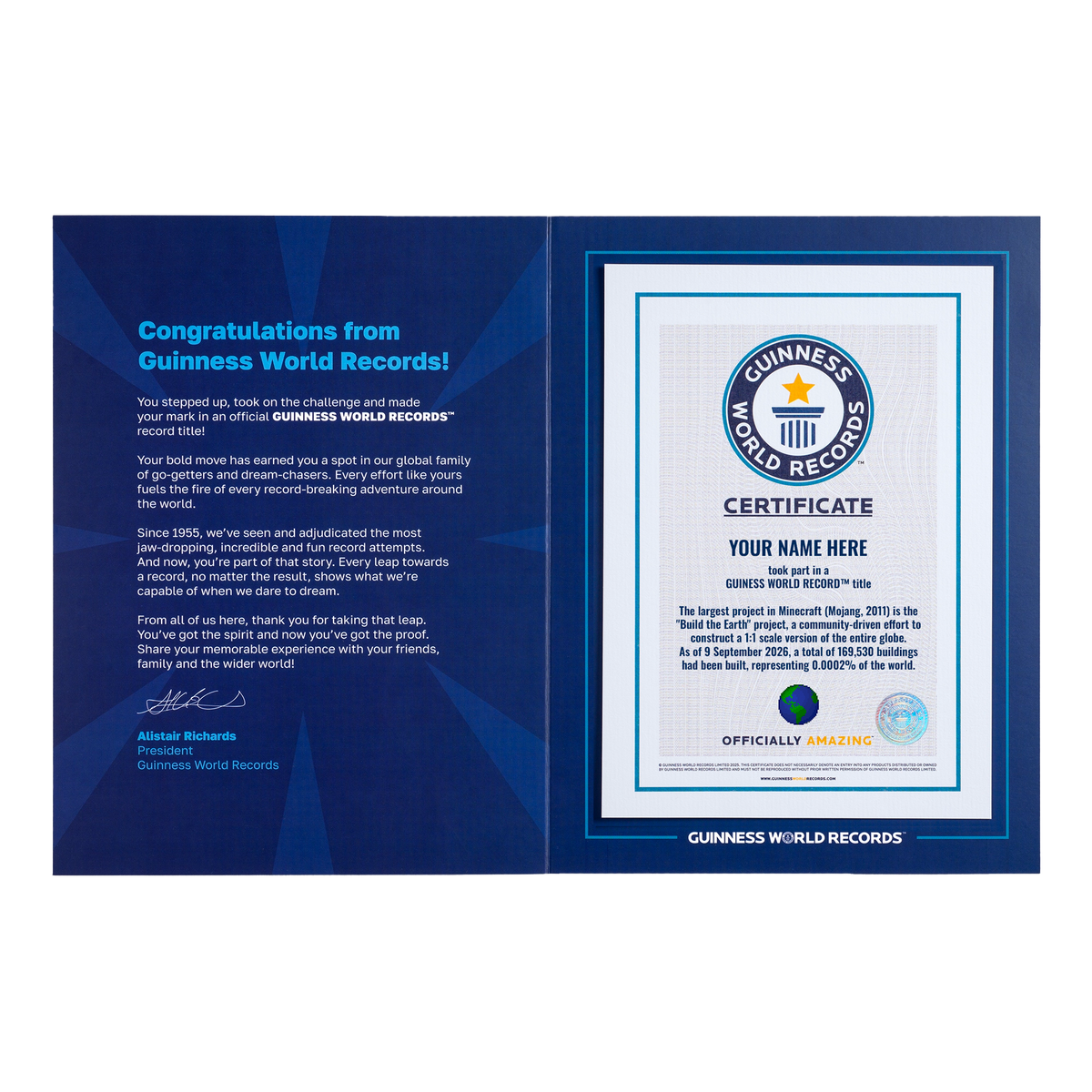 Record Participant Certificate The Largest Project in Minecraft 