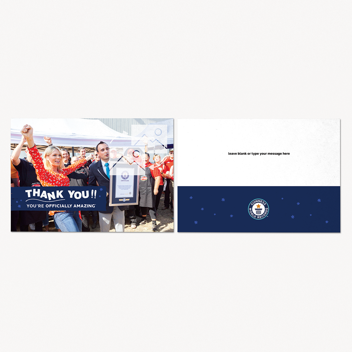 Front and back ofnavy landscape thank you postcard for Guinness World Records title holders 