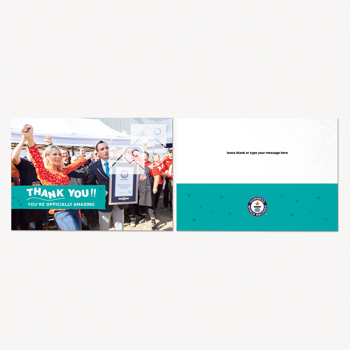 Front and back of teal landscape thank you postcard for Guinness World Records title holders 