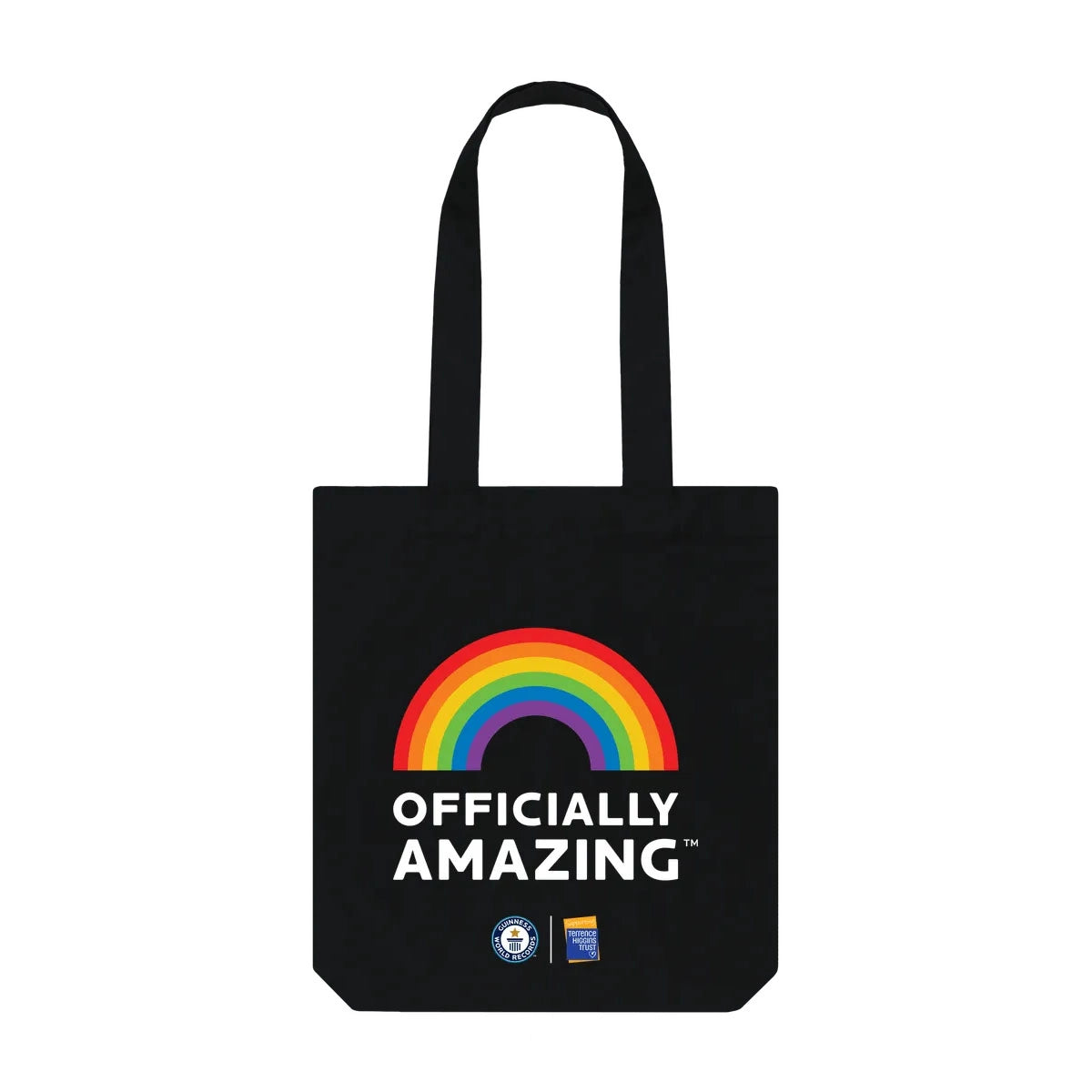 Black tote bag with a rainbow and 'OFFICIALLY AMAZING' text on a white background