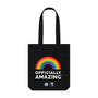 Black tote bag with a rainbow and 'OFFICIALLY AMAZING' text on a white background
