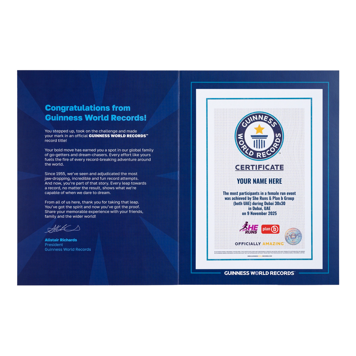 co-branded Guinness World Records RPC certificate with She runs on a white background