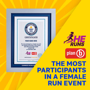 Guinness World Records certificate for a female run event on a yellow background with 'SHE RUNS plan b' logos.