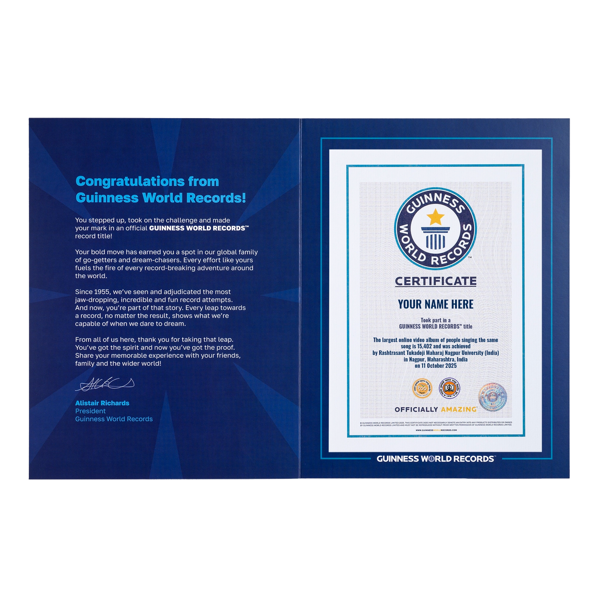 Guinness World Records RPC certificate for largest online video album singing the same song certificate only 