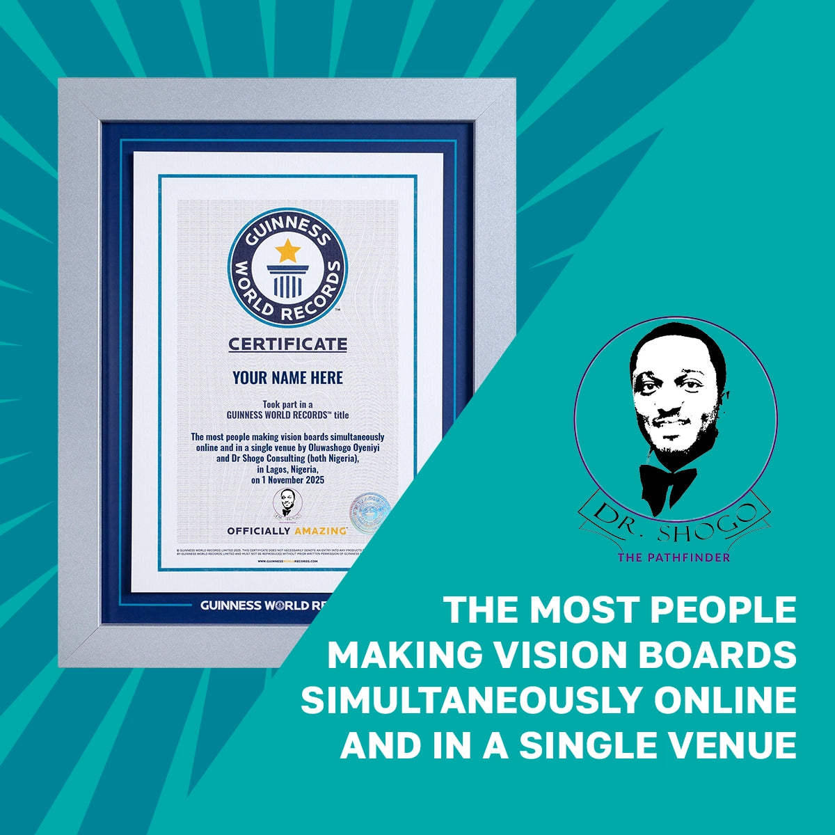 Framed Guinness World Records Record Participation Certificate on a teal background 