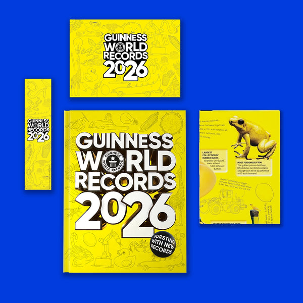 Guinness World Records 2026 book on a blue background with poster, bookmark and postcard