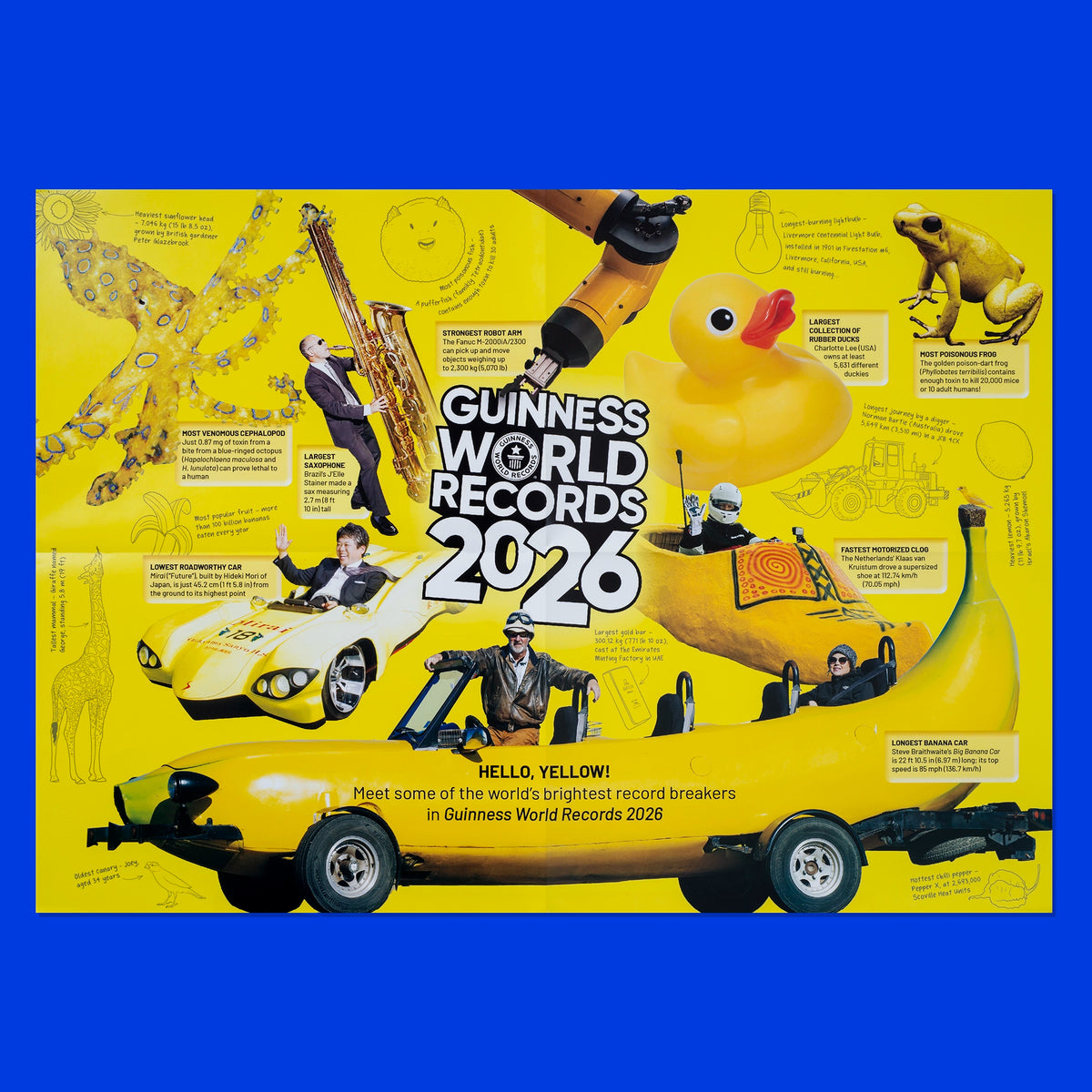 Promotional poster for Guinness World Records 2026 featuring various yellow record-breaking items on a blue background.