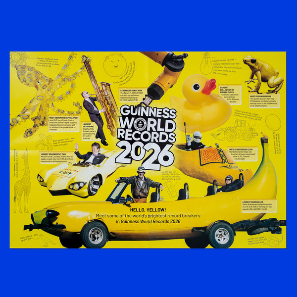 Promotional poster for Guinness World Records 2026 featuring various yellow record-breaking items on a blue background.